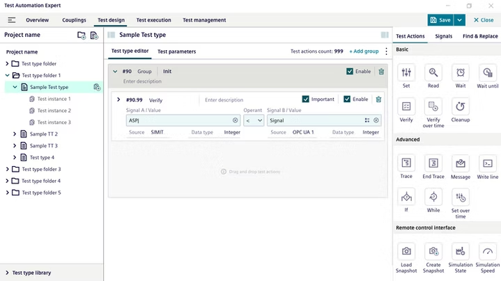 Rapid Tester UI showing project tree, test type editor, and test actions panel